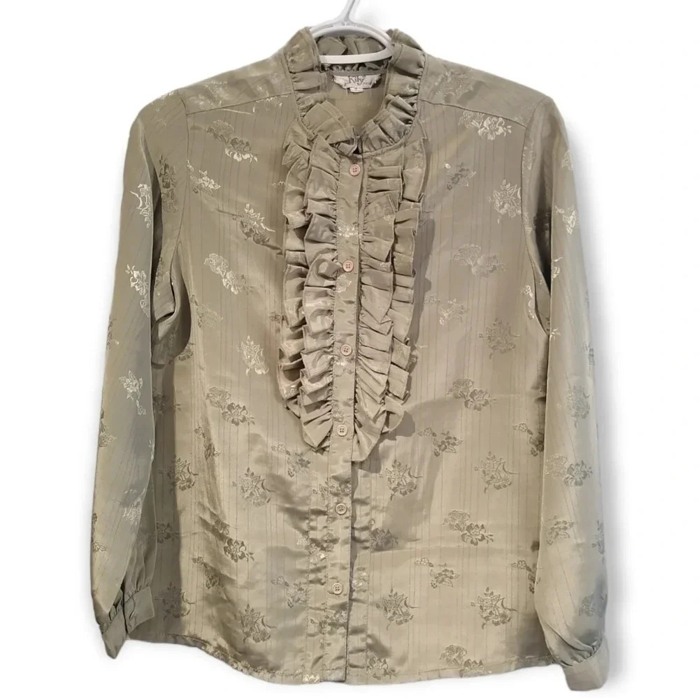 Vintage Green Satin Floral Embossed Button Up Blouse with Ruffle Bib Small
